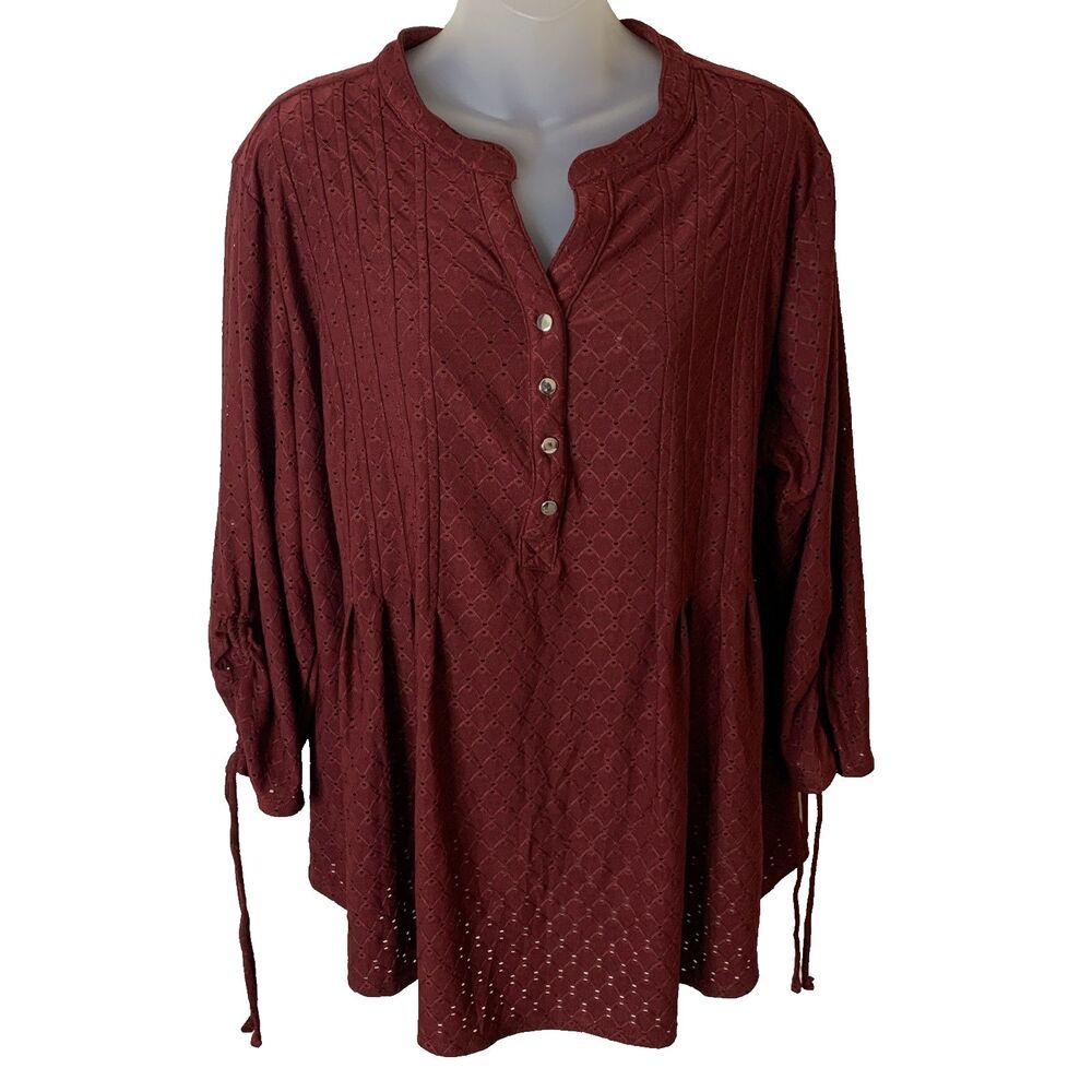 Roz & Ali Eyelet Tunic Top Women's Plus 2X Burgundy Button Up Ruched Long Sleeve